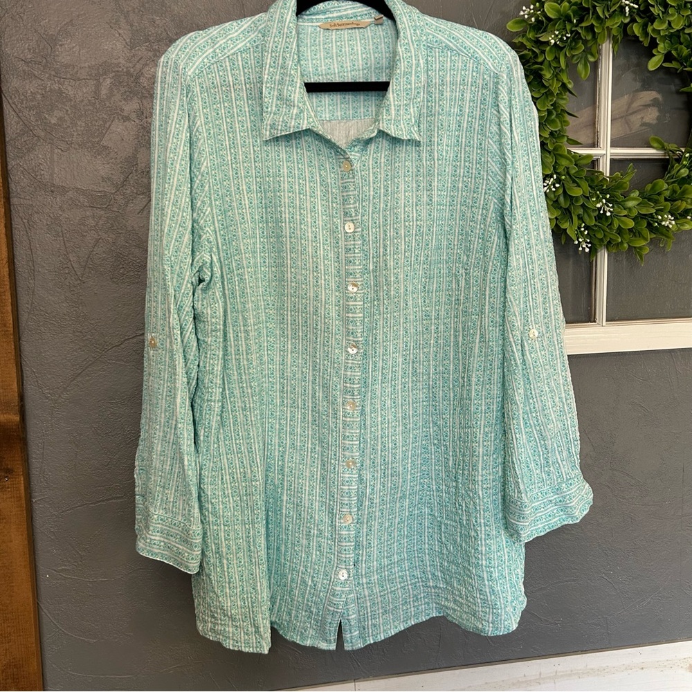Soft surroundings cotton button down blue pattern striped women's 1x